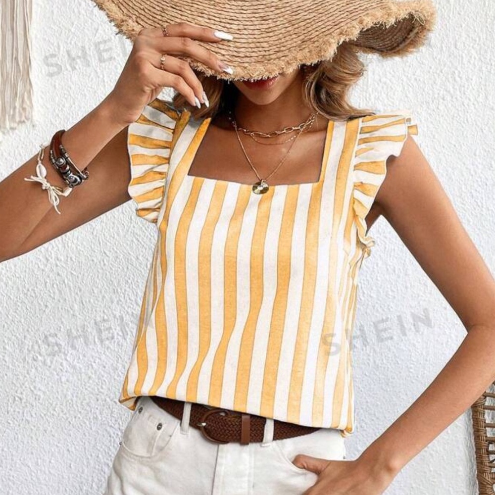 Mustard yellow and white striped blouse